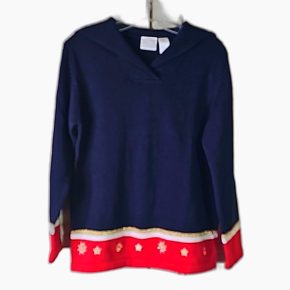 Sweater by Koret Sailor Style Old Money Red White Blue Gold Metallic Size M Peti
